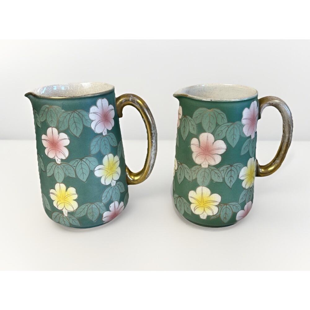 Antique Gibson & Sons Pitchers Pair 2 Art Nouveau Floral Gold Gibso Art Ware